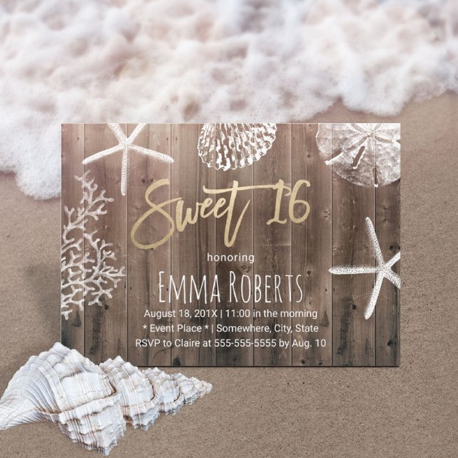 Convites Rustic Beach Sweet 16 Starfish Seashells Aniversár (Criador carregado)
