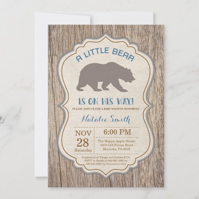 Convites Rustic Bear Chá de fraldas Invitation Boy (Frente)