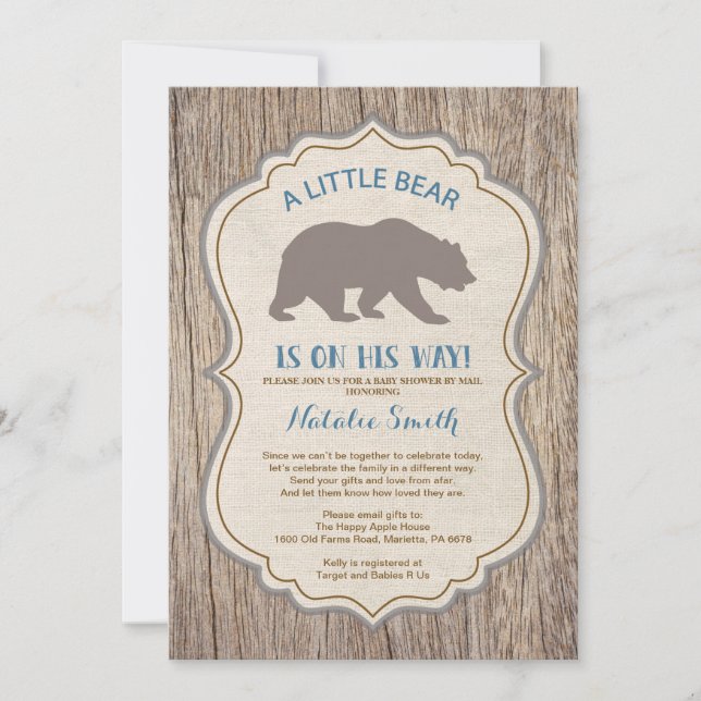 Convites Rustic Bear Chá de fraldas por Mail Invitation Boy (Frente)