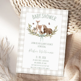 Convites Rustic Beige Gingham Woodland Baby Shower