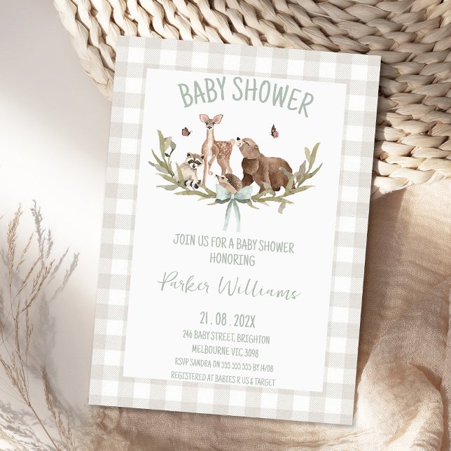 Convites Rustic Beige Gingham Woodland Baby Shower (Gender Neutral Woodland Baby Shower Invitation Template, Woodland Animals Baby Shower Invitations)