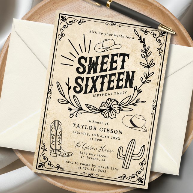 Convites Rustic Beige Western Cowgirl Sweet 16 (Rustic cowgirl Sweet Sixteen birthday invitation with western design.)