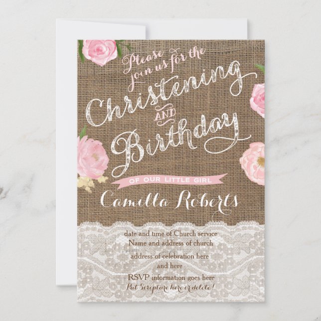 Convites Rustic Birthday e Christening convidam para garota (Frente)
