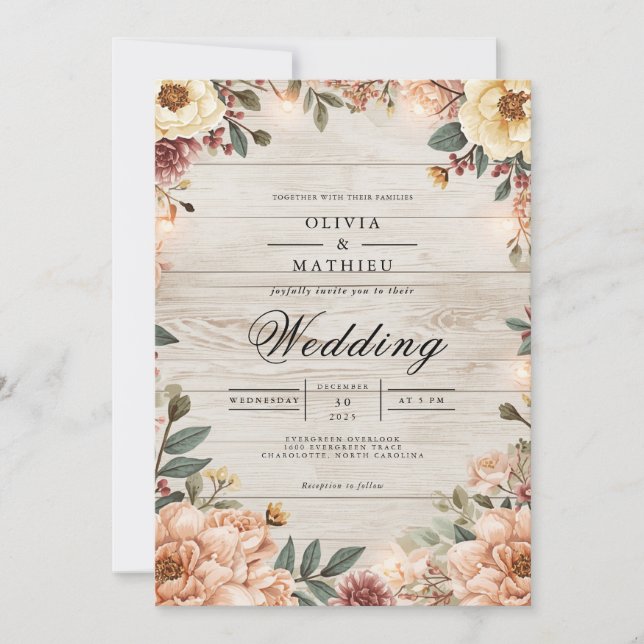 Convites Rustic Bloom Woodgrain Romance Weding (Frente)