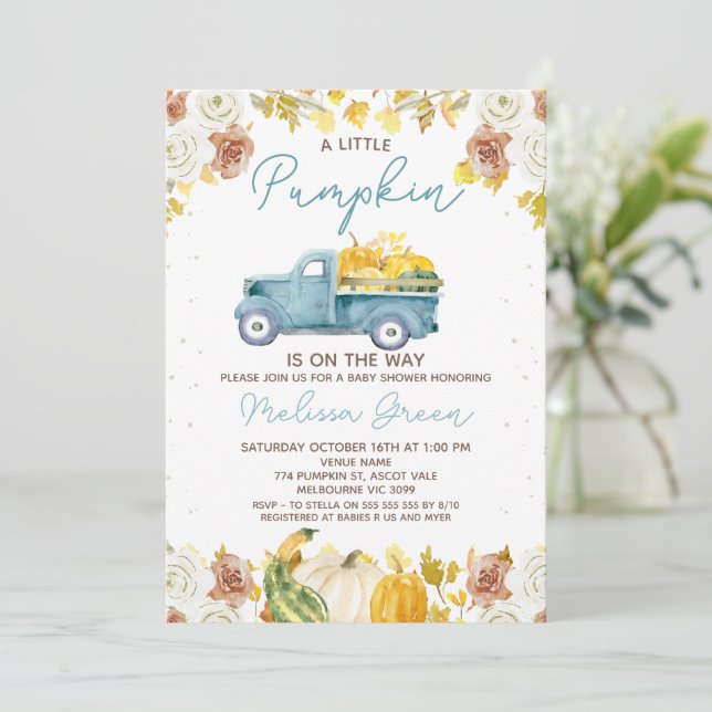 Convites Rustic Blue Brown Fall Pumpkin Truck Baby Shower (Em pé/Frente)