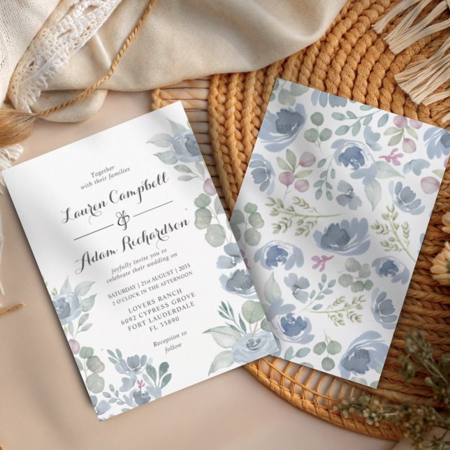 Convites Rustic Blue Floral & Eucalyptus Wedding  (Criador carregado)