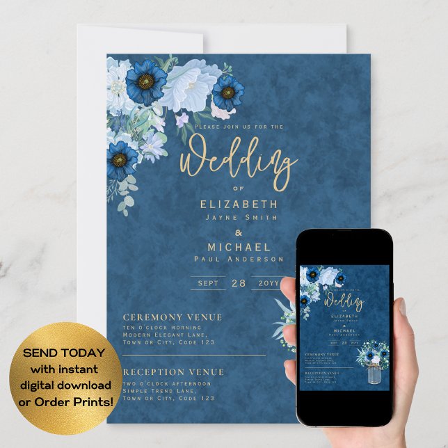 Convites Rustic Blue Floral Wedding Instant Digital (Criador carregado)