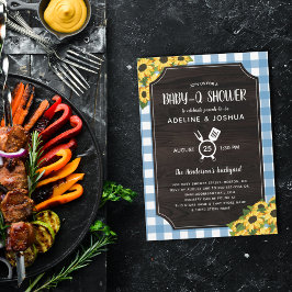 Convites Rustic Blue Gingham Sunflower Baby-Q Chá