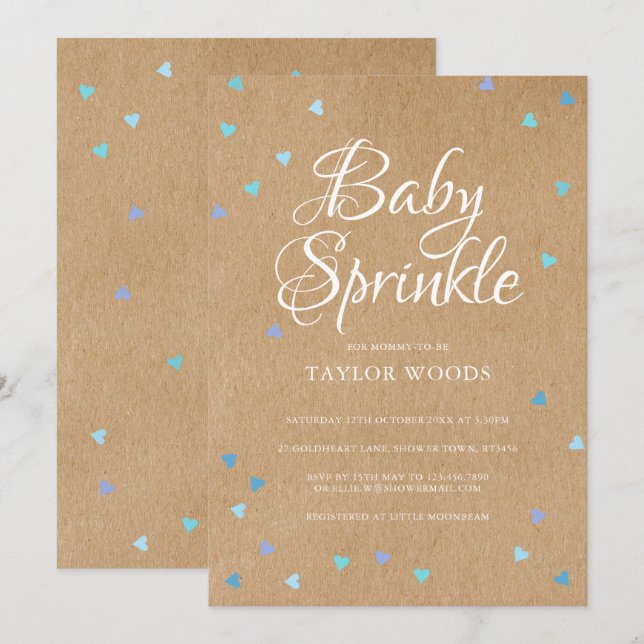 Convites Rustic Blue Hearts Baby Boy Sprinkle (Frente/Verso)