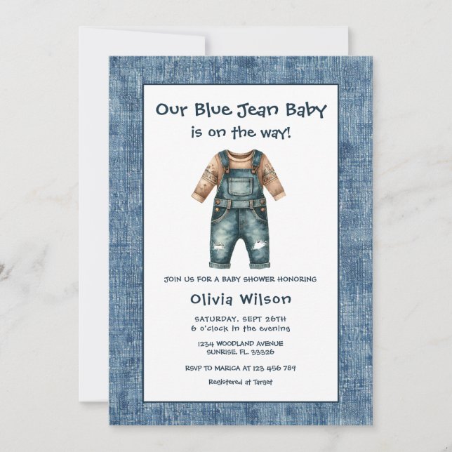 Convites Rustic Blue Jean Boy Baby Shower (Frente)