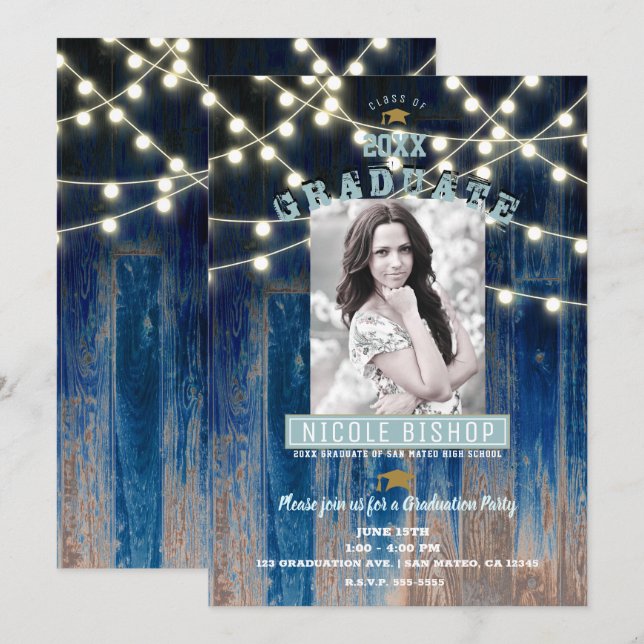Convites Rustic Blue Lights Modern Photo Festa de formatura (Frente/Verso)