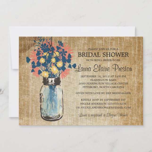 Convites Rustic Blue Mason Jar e Wildflower Daisies (Frente)