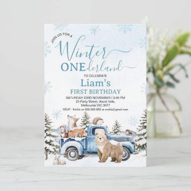 Convites Rustic Blue Truck Bear Winter Onederland Birthday (Em pé/Frente)