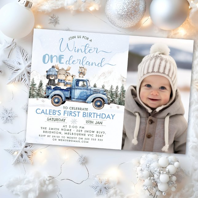 Convites Rustic Blue Truck Winter Onederland 1st Birthday (Winter Onederland Birthday Invitation, Winter Onederland - 1st Birthday Invitation Template, Blue)