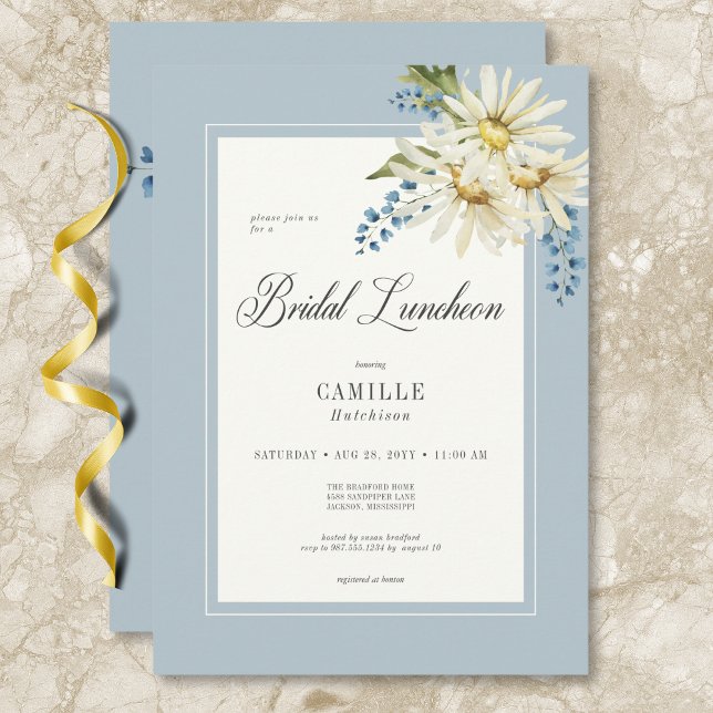 Convites Rustic Blue & White Daisies Bridal Luncheon (Rustic Blue & White Daisies Bridal Luncheon Invitation)
