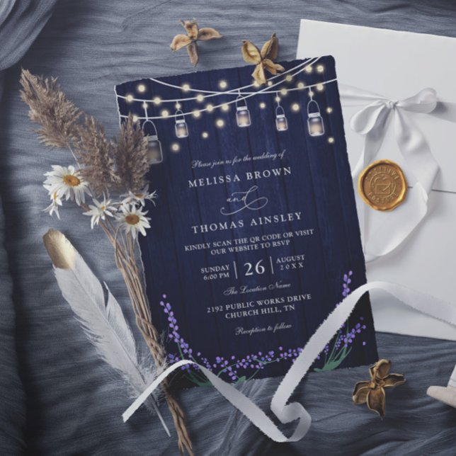 Convites Rustic Blue Wood Lavender Elegant QR Code Wedding (Criador carregado)