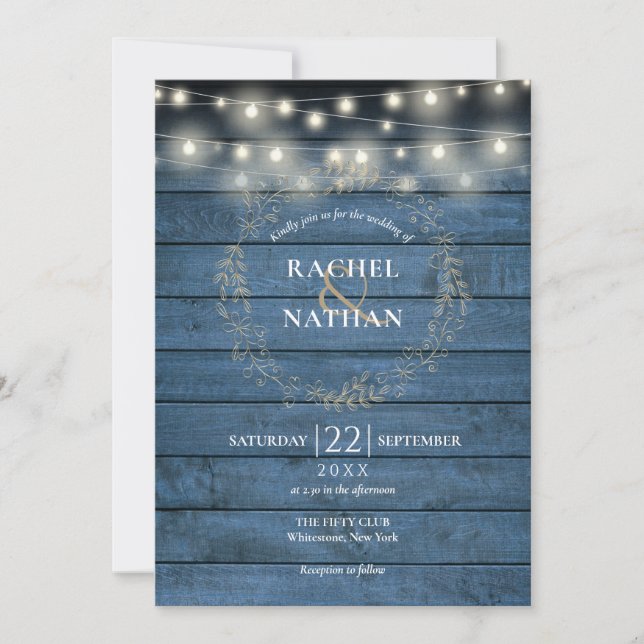 Convites Rustic Blue Wood String Luz Garland Casamento (Frente)