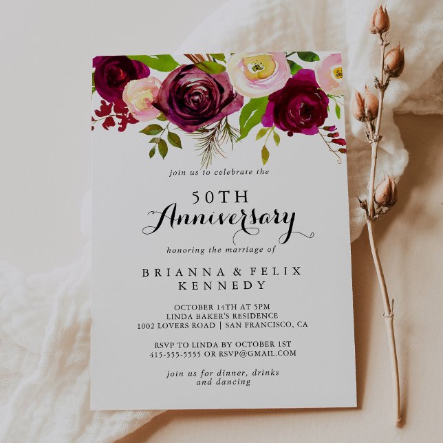 Convites Rustic Blush Burgundy 50º Aniversário de Casamento (Criador carregado)