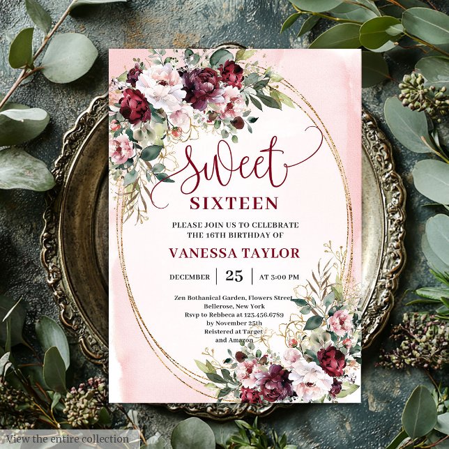 Convites Rustic Blush Burgundy Gold Sweet Sixteen Invites (Rustic Blush Burgundy Gold Sweet Sixteen Invitation

)