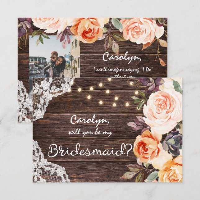 Convites Rustic Blush Floral Be My Bridesmaid com Foto (Frente/Verso)