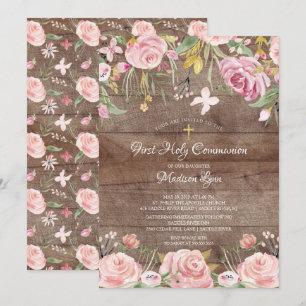 Convites Rustic Blush Pink Floral Primeira Comunhão Sagrada