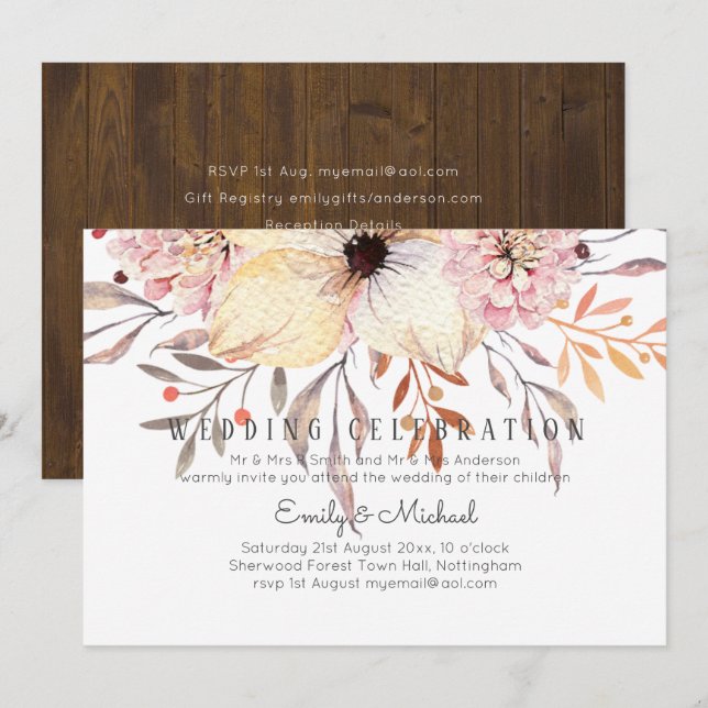 Convites Rustic Blush Pink Floral Sage Budget Casamento Inv (Frente/Verso)