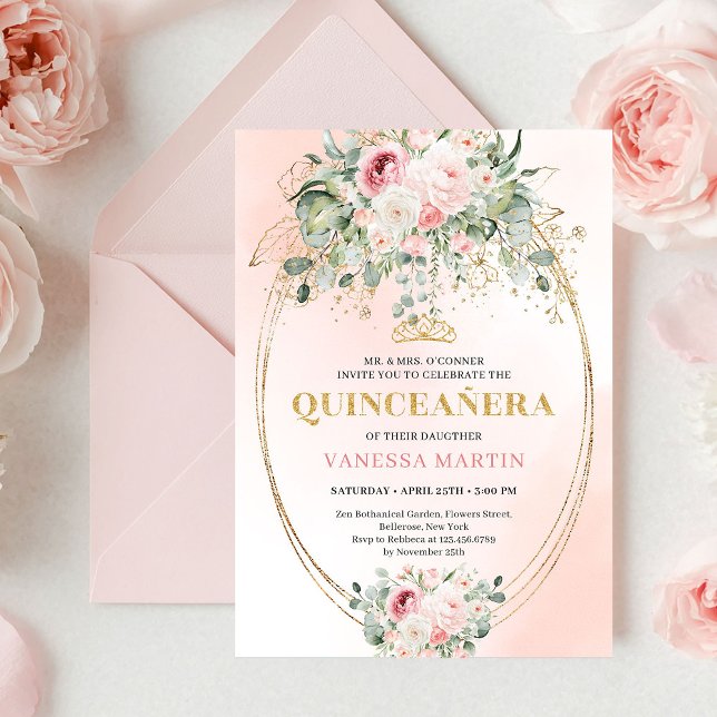 Convites Rustic Blush Roses Eucalyptus Quinceañera Invite (Rustic Blush Roses Eucalyptus Quinceañera Invitation)