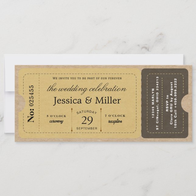 Convites  Rustic Boarding Pass Style Ticket Wedding (Frente)