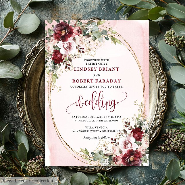 Convites Rustic Boho Burgundy Blush Gold Floral Invitation (Rustic Boho Burgundy Blush Gold Floral Invitation)