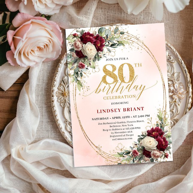 Convites Rustic Boho Burgundy Floral 80th Birthday Invite (Rustic Boho Burgundy Floral 80th Birthday Invitation)