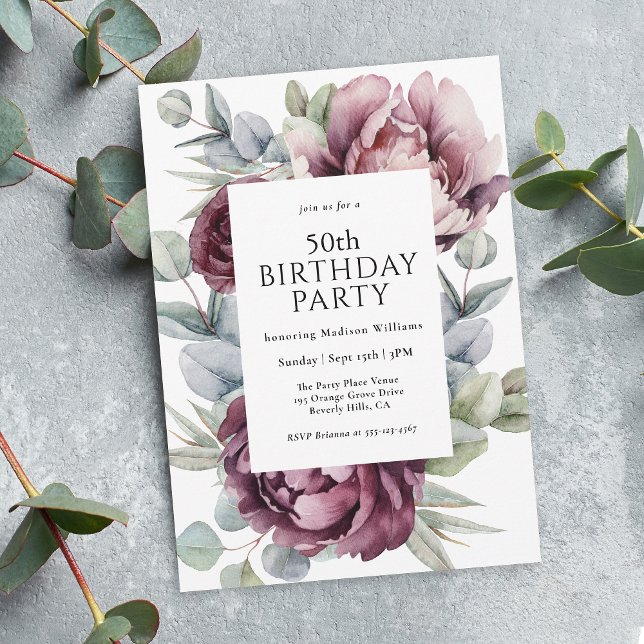 Convites Rustic Boho Burgundy Plum Floral 50º Aniversário (Available as printed invitations or paperless digital download!)