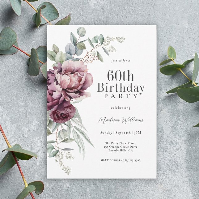 Convites Rustic Boho Burgundy Plum Floral 60º Aniversário (Available as printed and paperless digital download!)