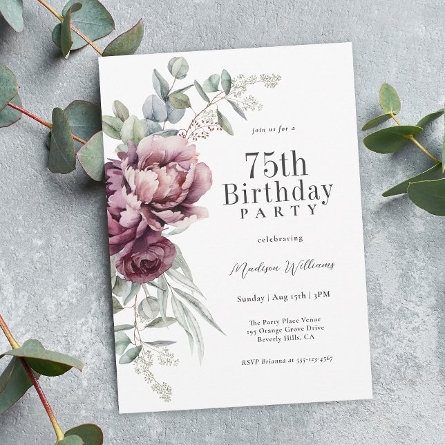 Convites Rustic Boho Burgundy Plum Floral 75º Aniversário (Available as printed or paperless digital download!)