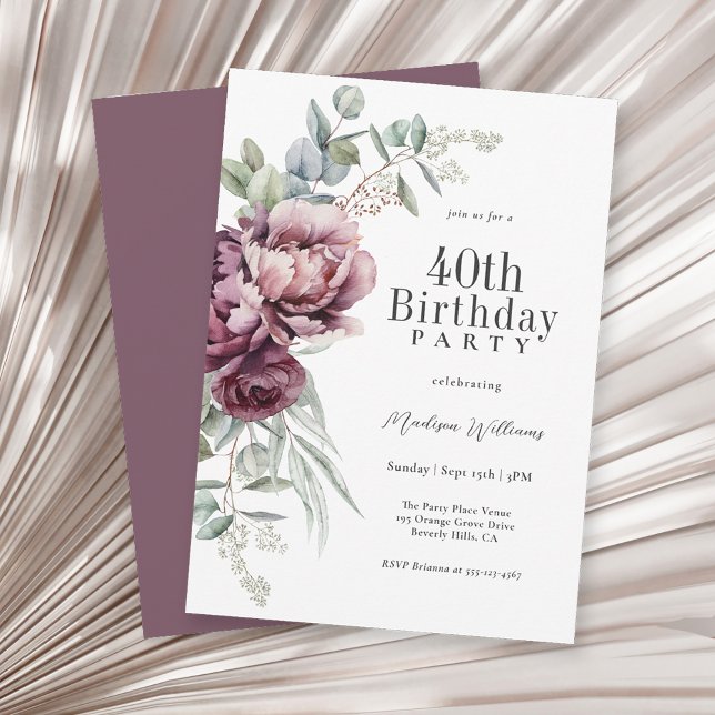Convites Rustic Boho Burgundy Plum Floral aniversário de 40 (Available as printed and paperless digital download!)