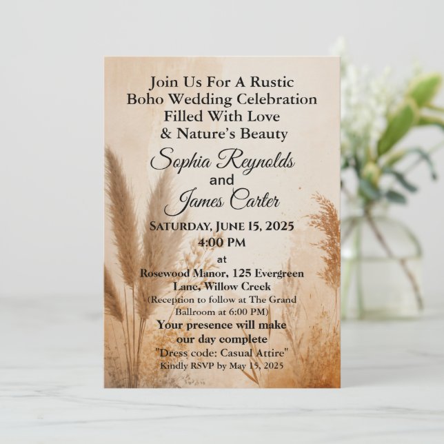 Convites Rustic Boho | Casamento de Pampas Grass Earthy (Em pé/Frente)