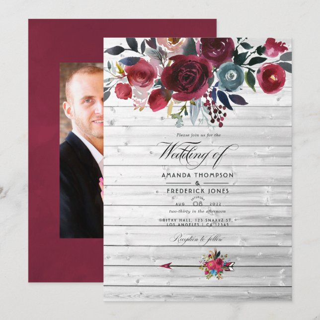 Convites Rustic Boho Chic Burgundy e Marinho Floral Weding (Frente/Verso)