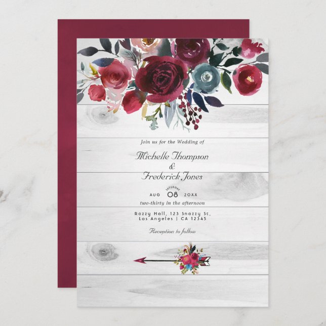Convites Rustic Boho Chic Burgundy e Marinho Floral Weding (Frente/Verso)
