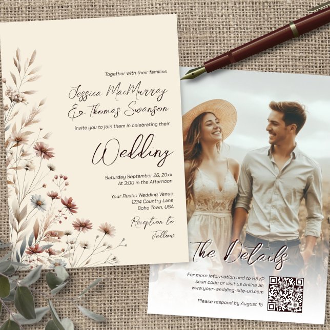 Convites Rustic Boho Chic Flores Silvestres & Casamento QR  (Front/Back)