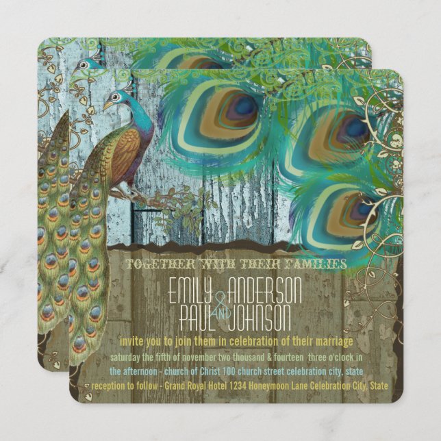 Convites Rustic Boho Country Peacock Vintage Vintage Velho  (Frente/Verso)