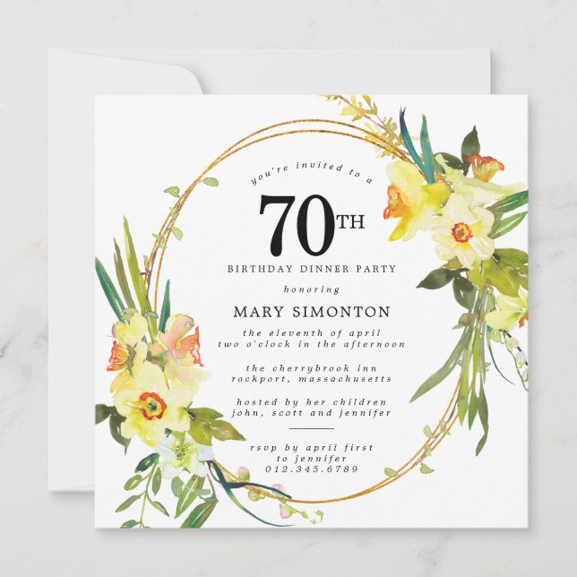 Convites Rustic Boho Daffodil 70 Birthday Partido do Janto  (Frente)