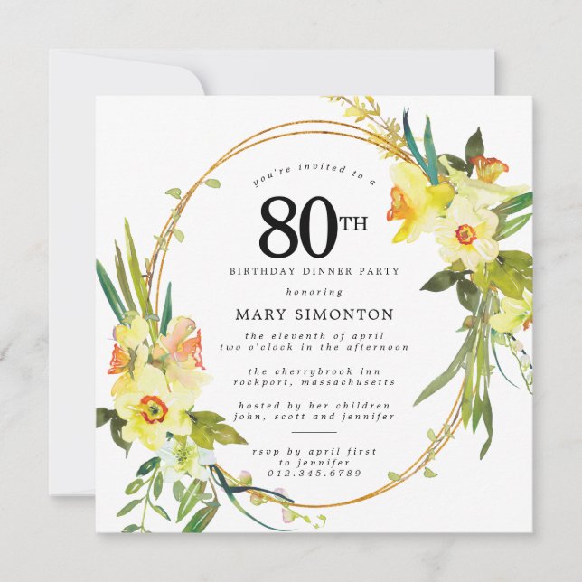 Convites Rustic Boho Daffodil 80 Birthday Partido do Janto  (Frente)