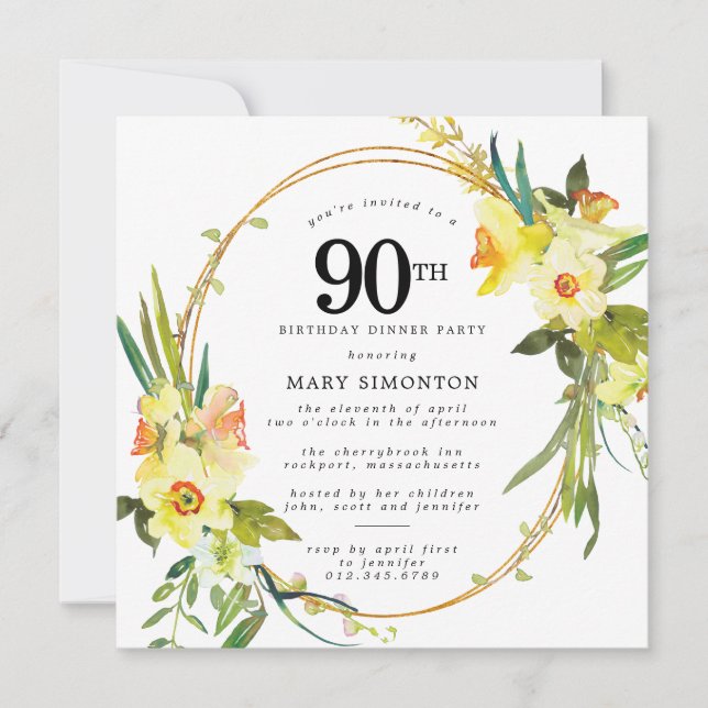 Convites Rustic Boho Daffodil 90 Birthday Partido do Janto  (Frente)