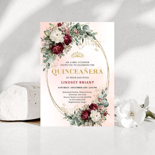 Convites Rustic Boho Deep Red Floral Gold Quinceañera Invit (Rustic Boho Deep Red Floral Gold Quinceañera Invitation)