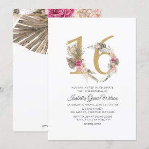 Convites Rustic Boho Dourado Pampas Sweet 16 Aniversário