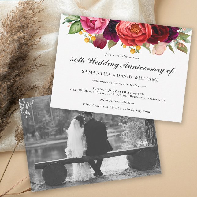 Convites Rustic Boho Floral 50º Aniversário com Foto (Add a favorite wedding photo to this lovely rustic 50th wedding anniversary invitation.
)