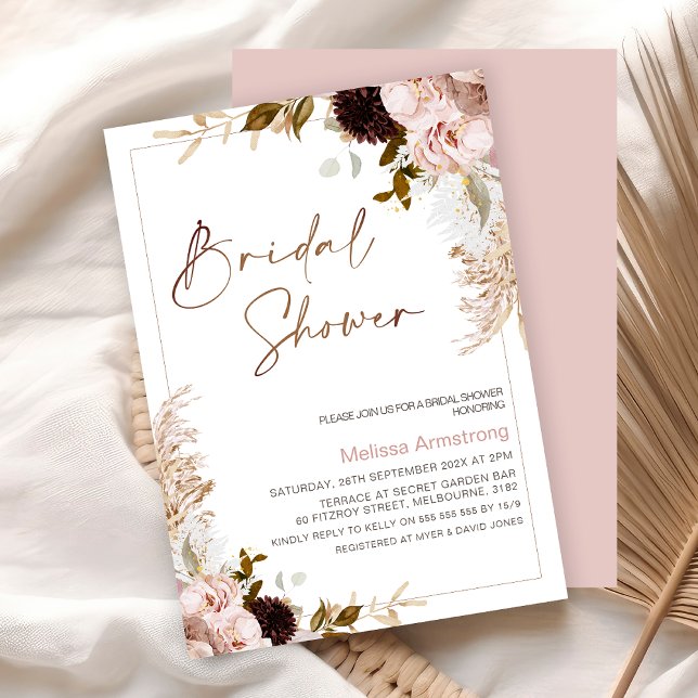 Convites Rustic Boho Floral com Pampas Frame Chá de panela (Boho Floral Bridal Shower Invitation, Natural Tones, Blush Bohemian Floral Bridal Shower Invite)