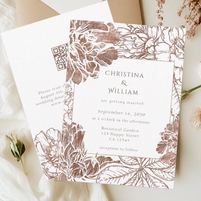 Convites Rustic Boho Floral Mocha Brown Casamento Código QR (Criador carregado)