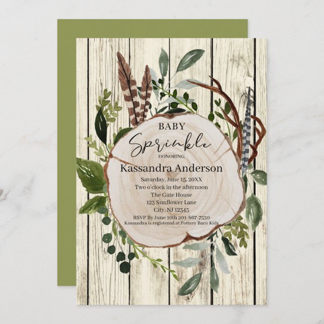 Convites Rustic Boho Greenery Baby Sprinkle (Frente/Verso)