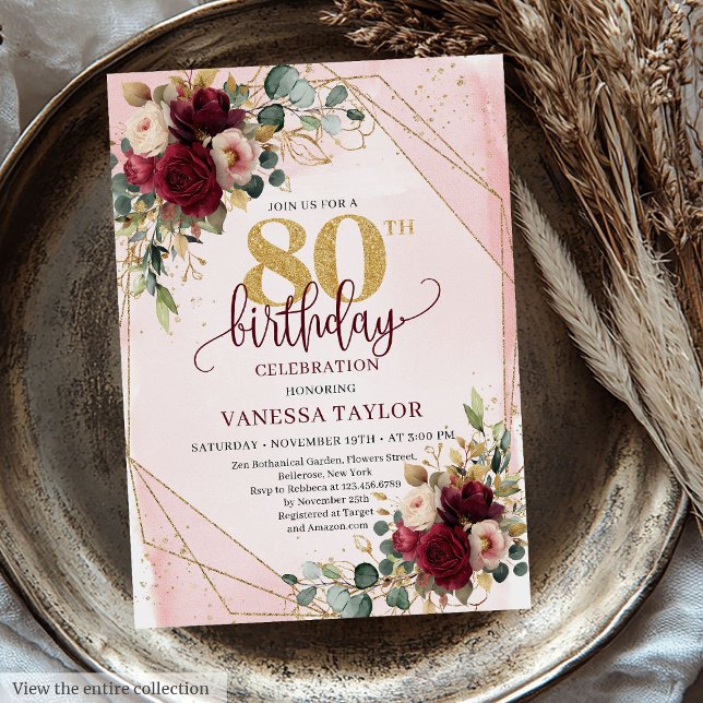 Convites Rustic Boho Maroon Dourado Rosa 80 de Aniversário  (Rustic Boho Maroon Gold Roses 80th Birthday Invitation)
