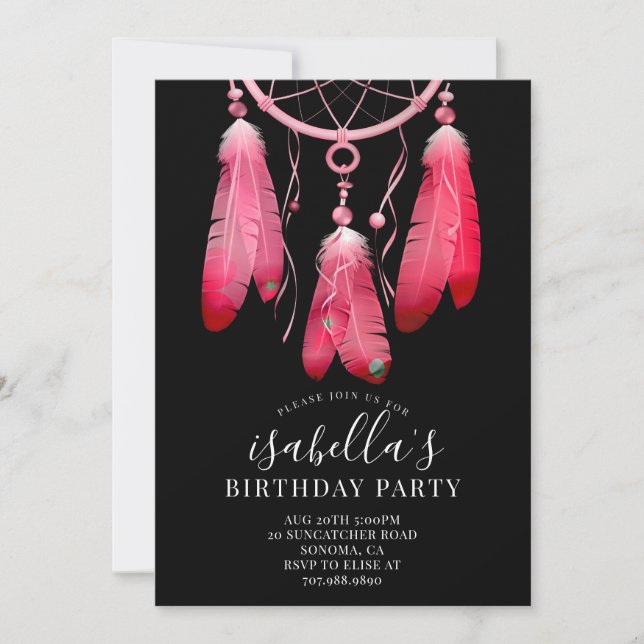 Convites Rustic Boho Pink Drecher Black Birthday (Frente)
